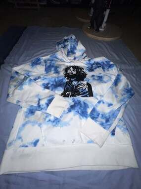 Gender-Neutral Jerry Garcia Graphic Pullover Hoodie in Blue Tie Dye
